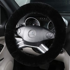 Fluffy Wool Sheepskin Fuzzy Black Car Steering Wheel Cover For 38cm