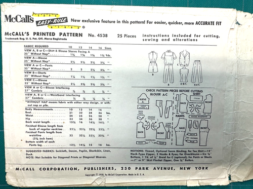 VINTAGE 1950s Pattern SAILOR TOP High Waist Capris Shorts McCalls 4538 Sz14 B34 - Picture 6 of 7