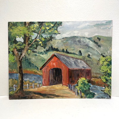 Vintage Mid Century Impressionist Painting 24x18'' Rural Covered Bridge Landscape