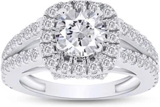 Moissanite Diamond Ladies Split Shank Halo Engagement Ring 10k White Gold