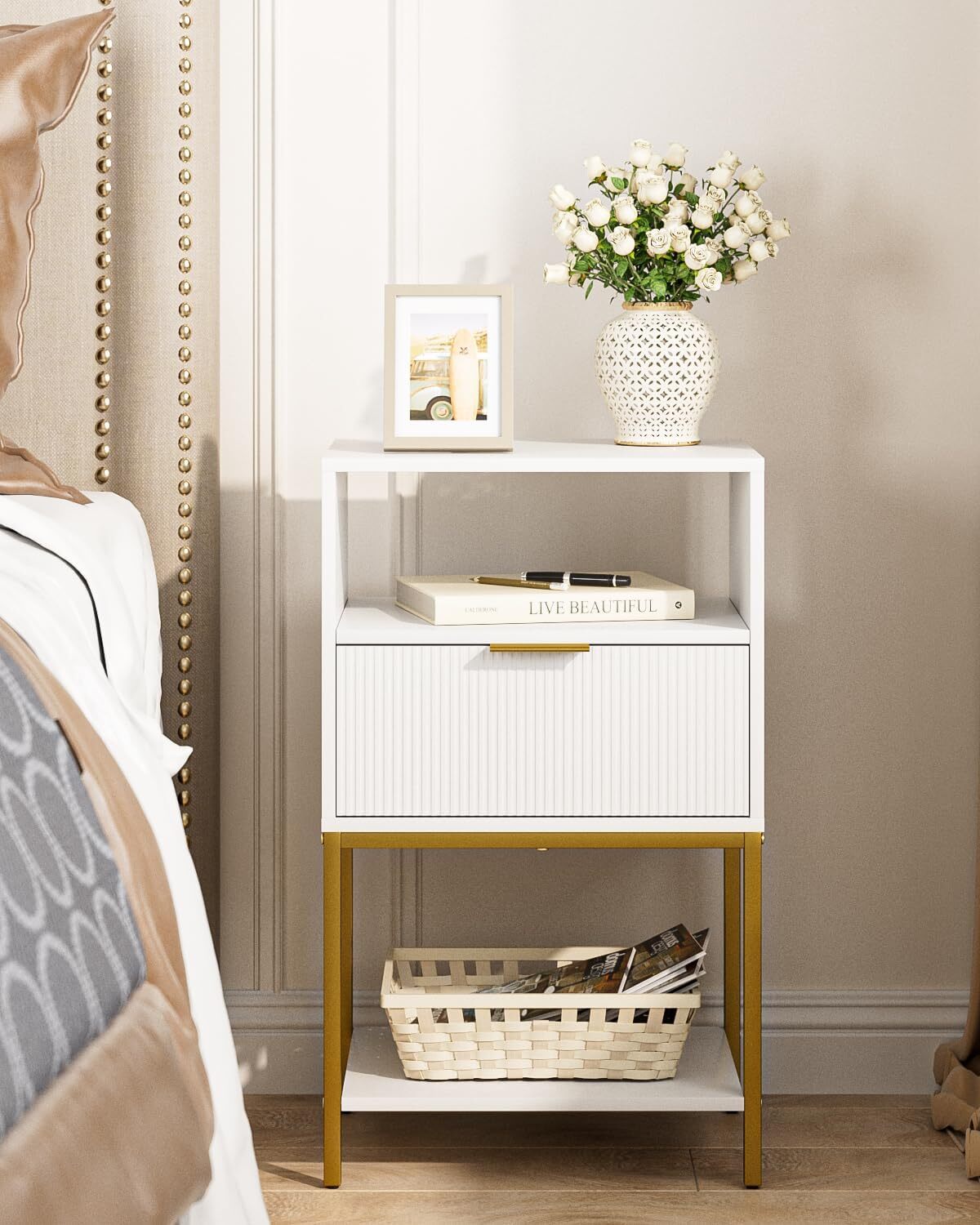 Tall White Fluted Nightstand with Gold Accents - Modern Bedside Table-image