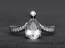 1.7ct Pear Cut Simulated Diamond Ring 14k White Gold Plated V Curved Teardrop