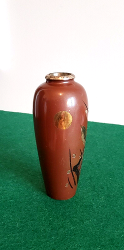 Antike Japan kupfer Vase handgeschnitzt Blumen Vogel muster Teilweise versilbert - Bild 2 von 8
