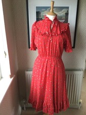 Vintage 70’s 80’s red floral ruffles ladies dress high neck size 10-12