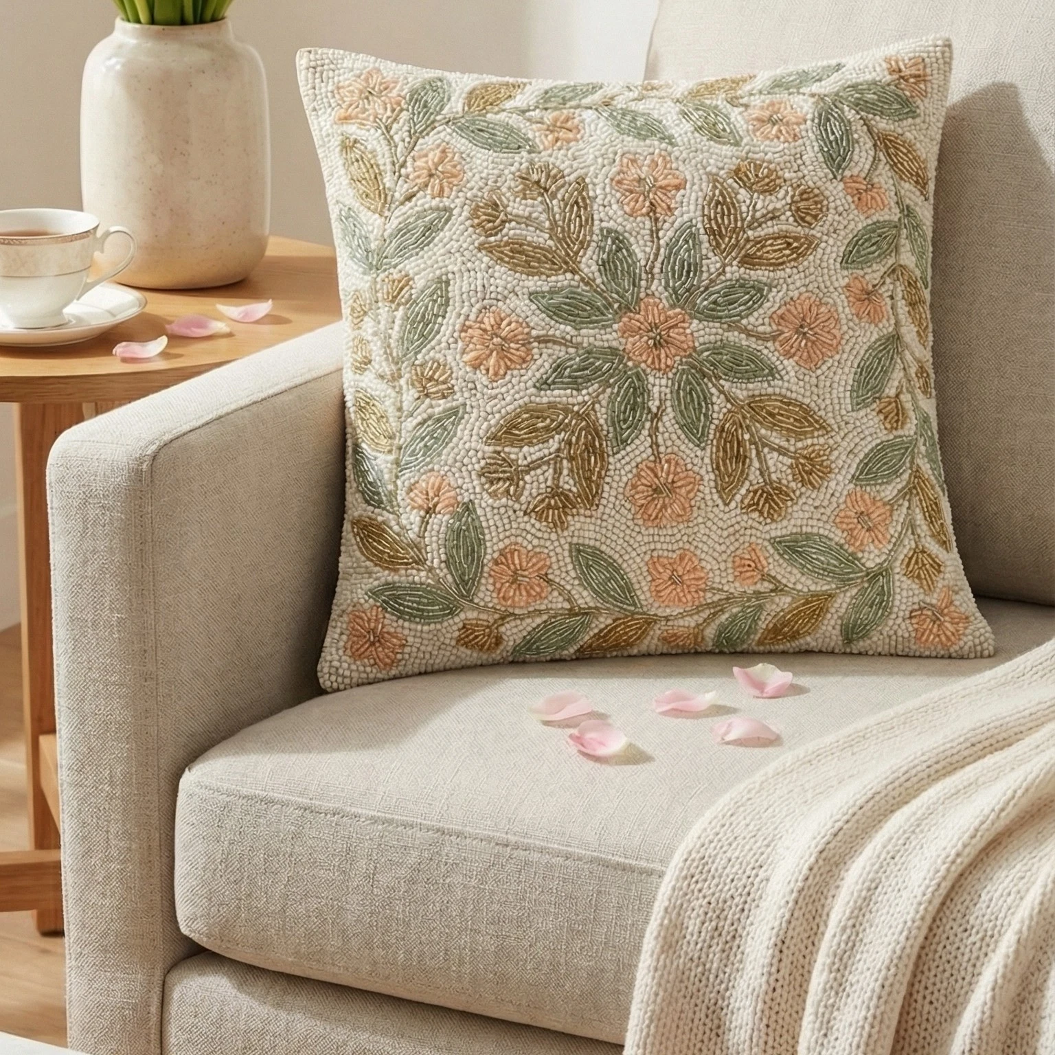 Luxury Hand-Beaded Floral Throw Pillow Cover – Decorative Boho Cushion Case
