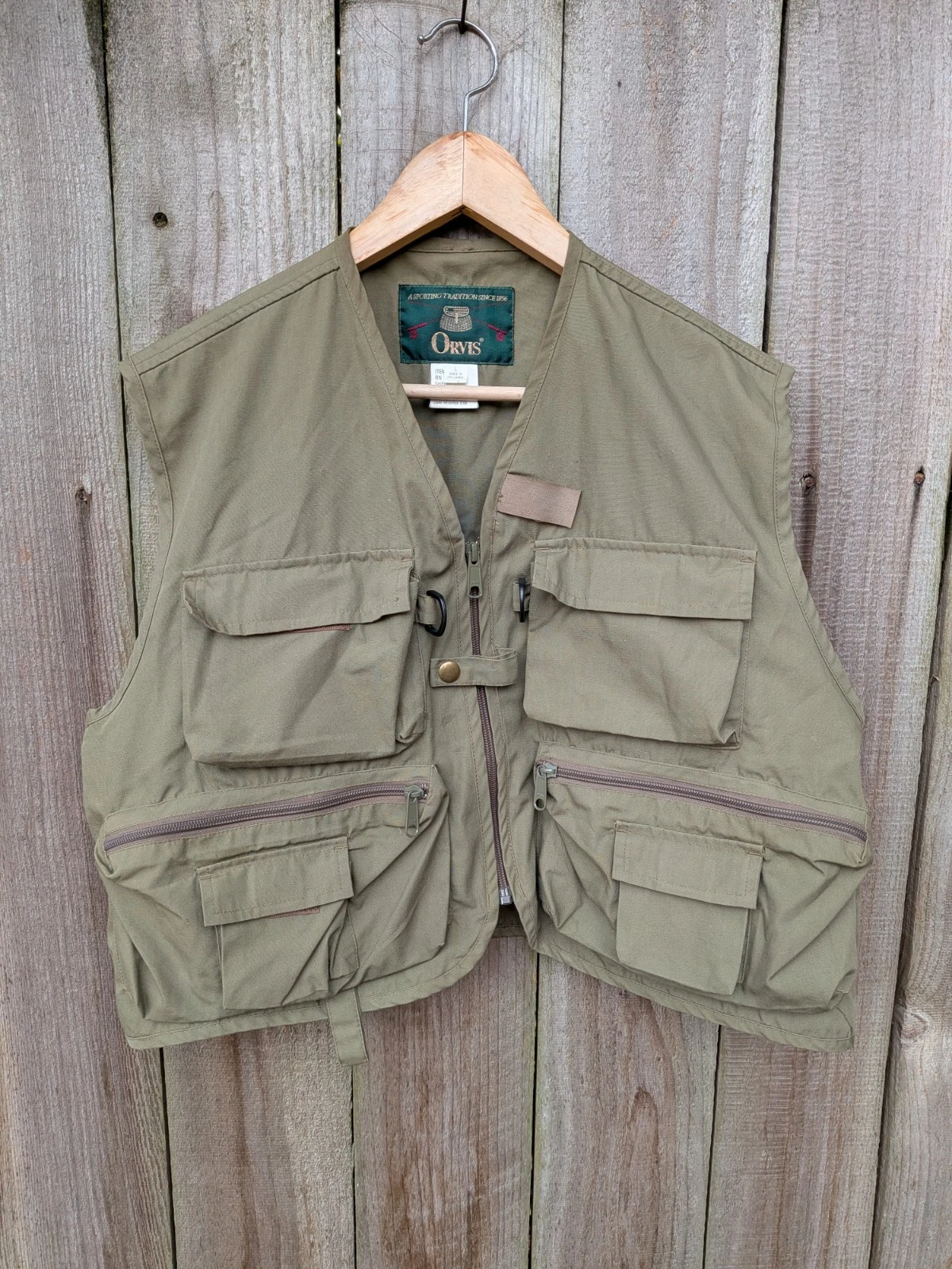 Vintage Orvis Fly Fishing Vest Khaki Beige 7 Pocket Patch Full Zip Outdoor 90s