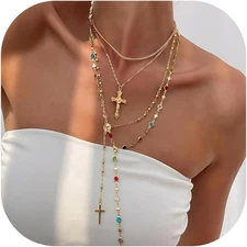 4PCS Layered Gold Cross Necklaces for Women Trendy, Bohemian Bead Pearl Y Long P