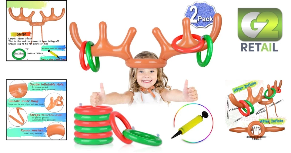 Atractivo juego de lanzamiento de anillos de Navidad con astas inflables - 2 sombreros y bomba Foto 2 de 4
