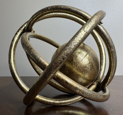 Abstract Gold Metal Orb Sculpture Gyroscope Sphere Modern Table Decor Art