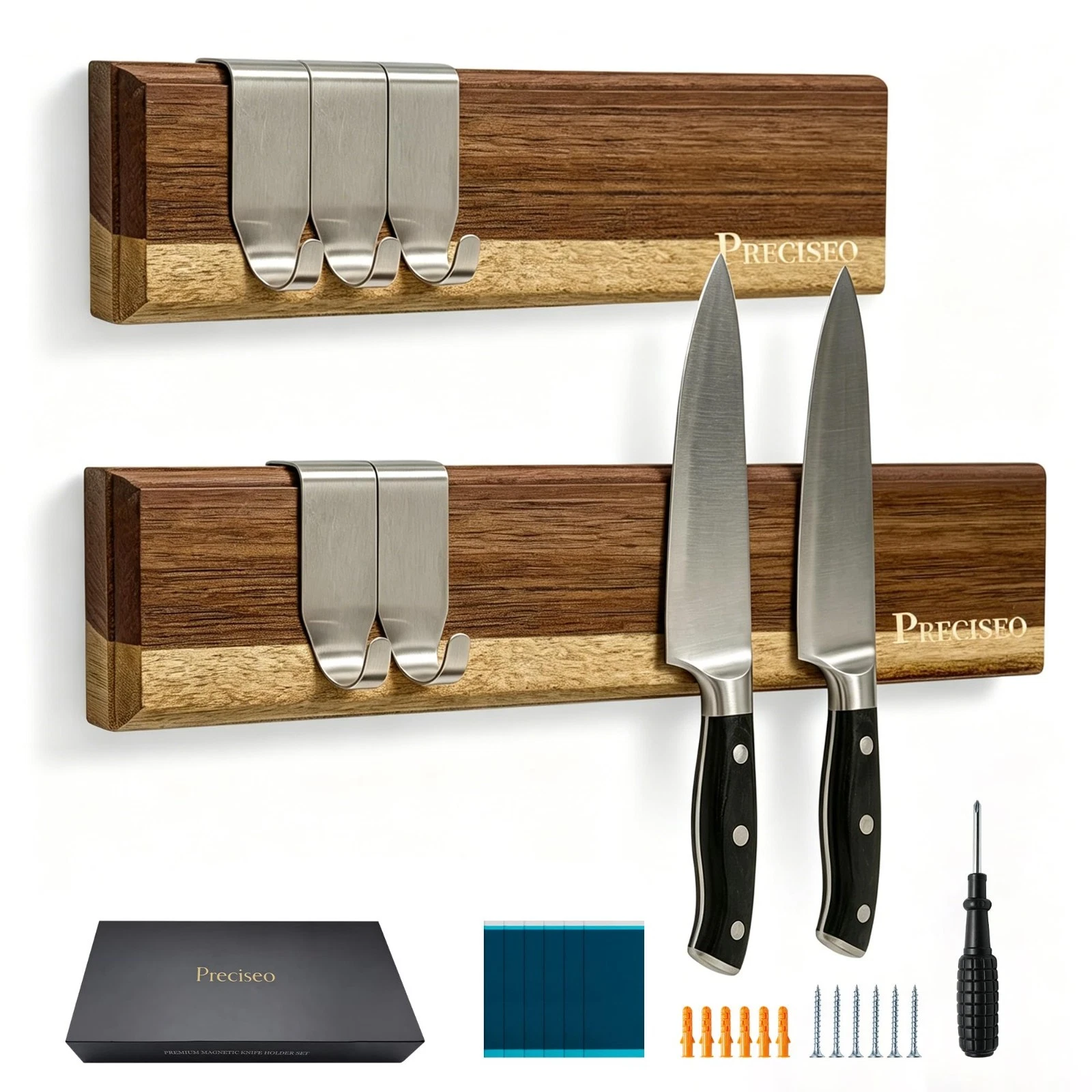 16" & 10" Magnetic Knife Strip Set, Acacia Wood Wall Holder with 5 Hooks, No Dri