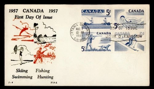 DR WHO 1957 CANADA FDC SEASONAL SPORTS BLOCK H&E CACHET M76621
