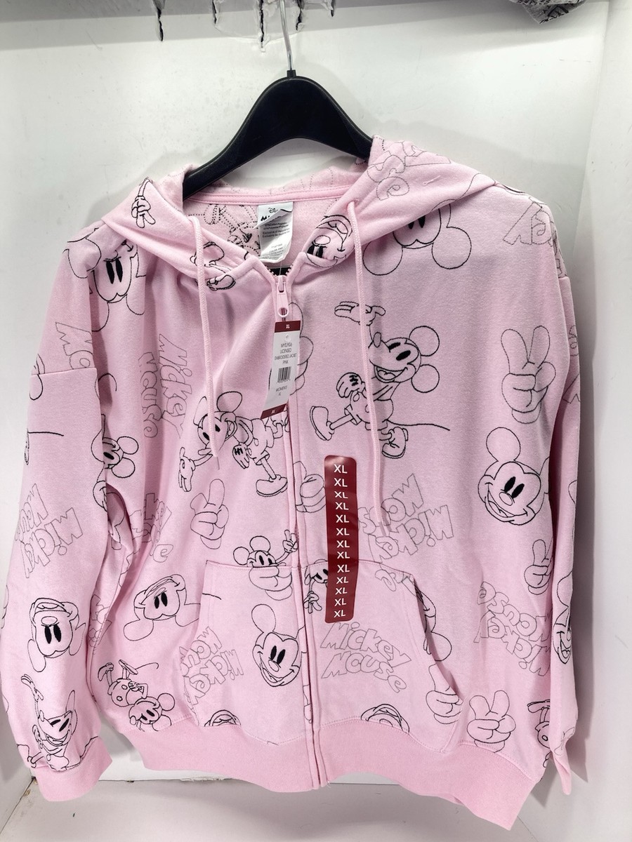 Disney Mickey Mouse Hoodie Sweatshirt Women Size XL Pink AOP Full