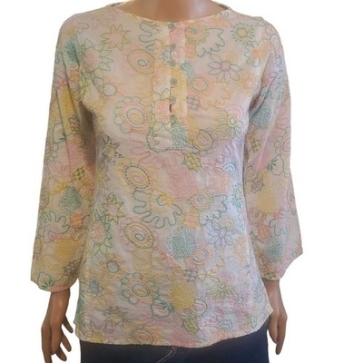 Milly New York Size 2 XS Floral Pastel Embroidered Tunic Popover Top Cotton