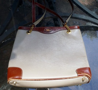Bally Cream & Brown Neutral Genuine Leather Shoulder Bag with gold accents ITALY