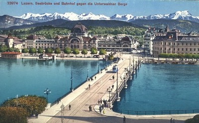 Switzerland Luzern Lucerne Bridge Train Station Alps Mountain Aerial Postcard