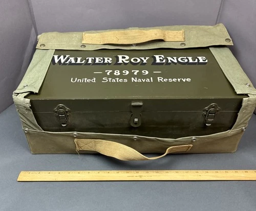 Original WW2 Era USN Military Trunk Foot Locker Aircraft Size Wood-Cover/Named