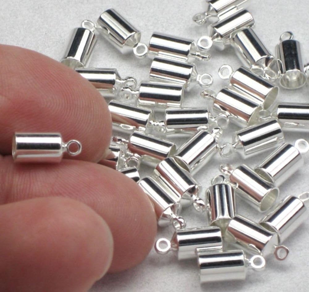 100Pcs round Tube Cord End Caps Sterling Silver Plated Glue in Endcap Barrel for