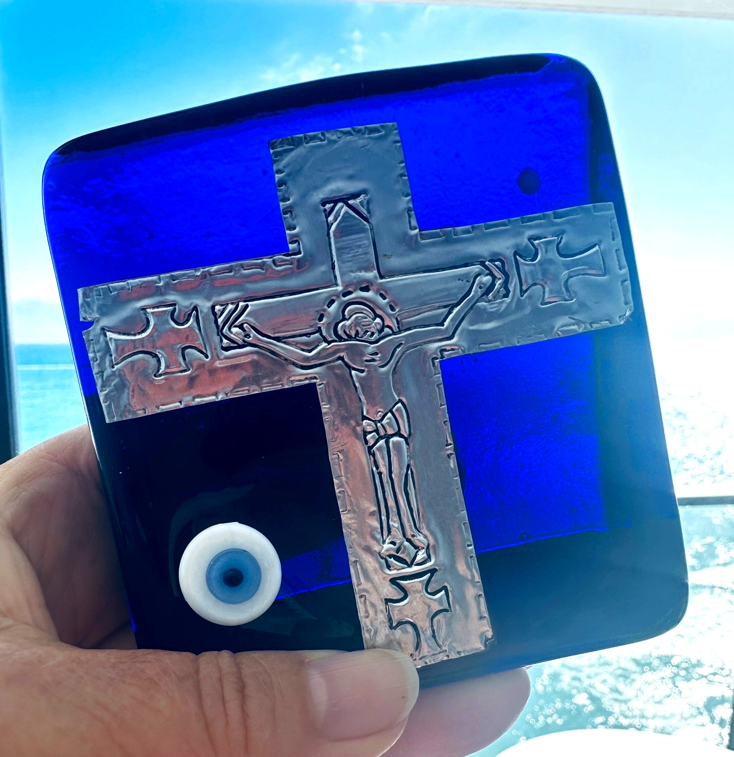 Murano Style Crucifix Silvertone Christ Evil Eye Bead Decor Folk Art Blue Heavy