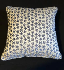 Brand New Designer Throw Pillow - Steel Blue Raised Velvet On Ecru Woven Ground