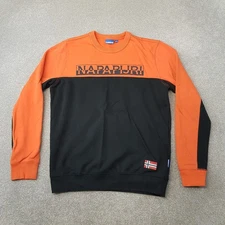 Napapijri Mens Sweatshirt Medium Black Orange Jumper Spellout Sweater Flag