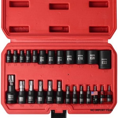 25 Piece Torx Bit and Socket Set, 13 Star Bits (T8- T60) 25PCS T & E socket set