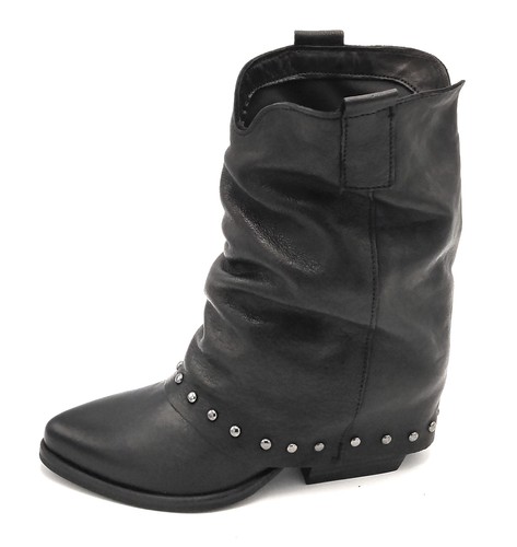Riccianera 235 Bottes 3/4 En Cuir Noir Froncé Avec Clous Talon Carré ...