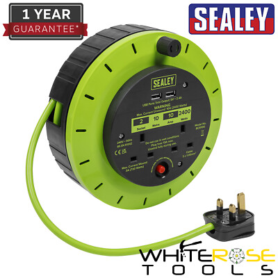 Sealey Kabeltrommel Kassette Typ grün mit Thermoauslösung 2 x 230V und 2 x USB 10m