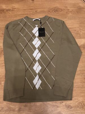 Pringle of Scotland Luxus 100 % Merinowolle Argyle Natur Mix Pullover Large neu mit Etikett