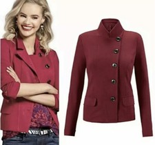 CAbi Outing Blazer Jacket SZ 4 Rhubarb Red Asymmetric 5-Button Ponte Knit 3175