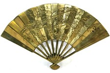 Solid Brass Hand Fan Oriental Dragon Phoenix Design Wall Decor Hanging
