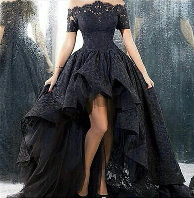 Black Gothic Wedding Dress Hi-Low Off Shoulder A-Line Lace Bridal