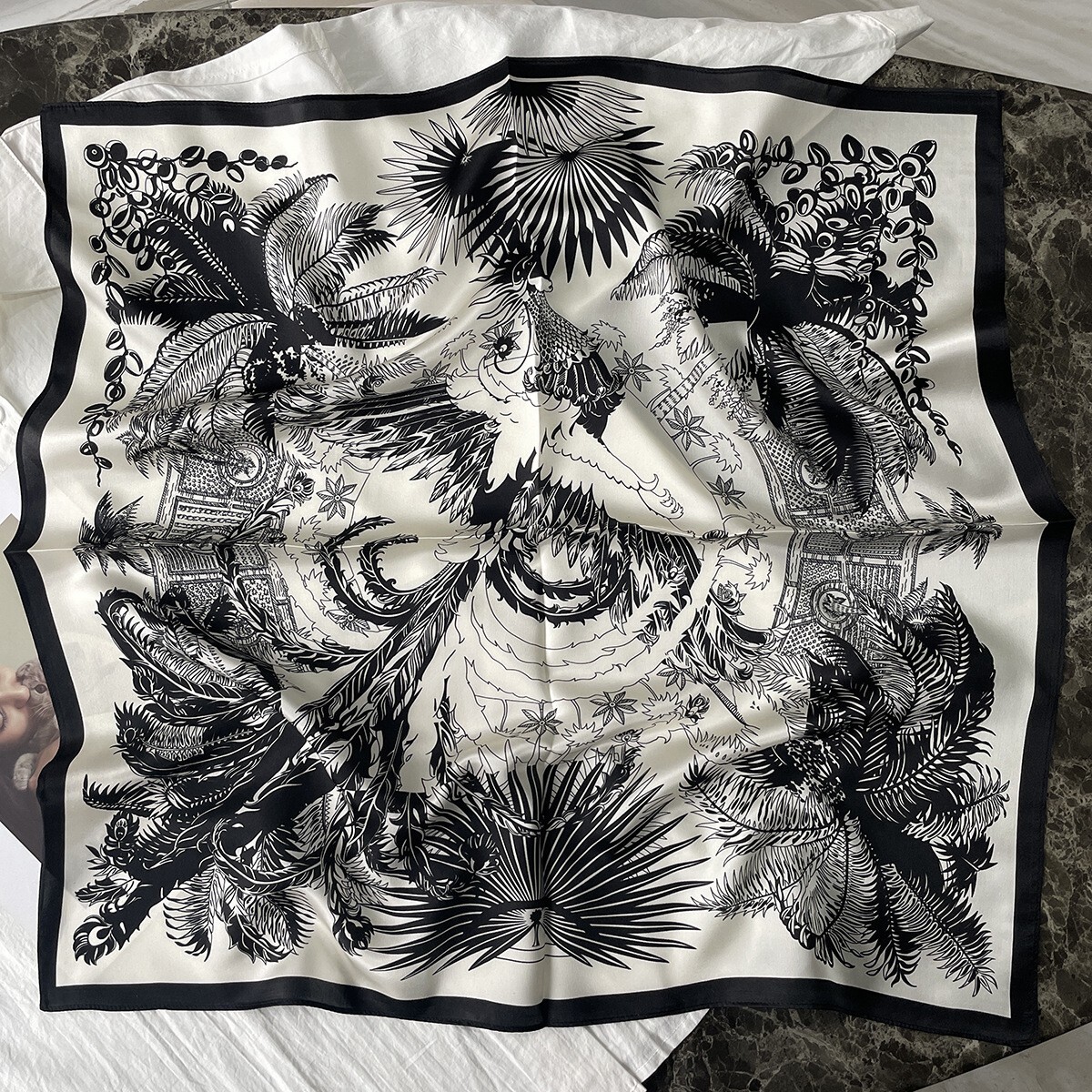 100% Mulberry Silk Scarf Women Neckerchief Headband Wrap Phoenix Flower 68*68cm