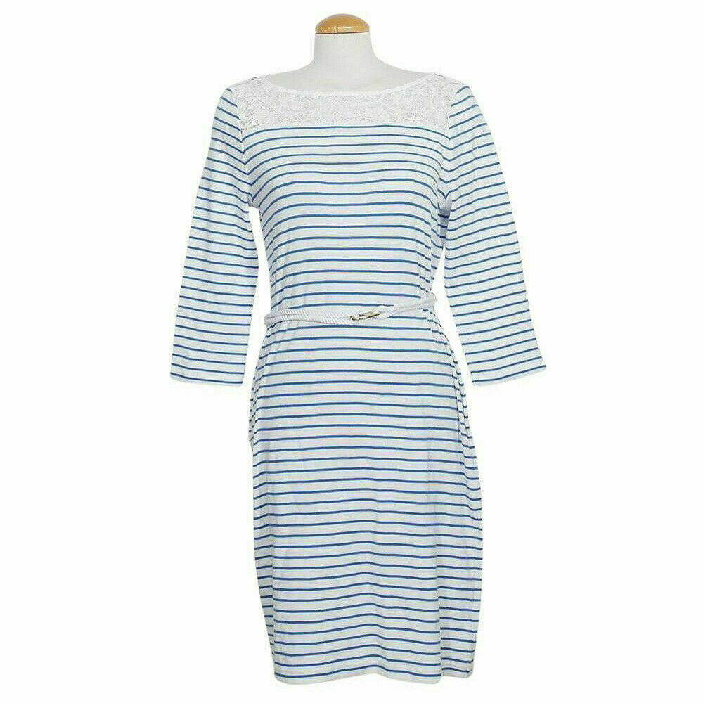 RALPH LAUREN White Blue Stiped Cotton Knit Belted Lace Yoke Dress L