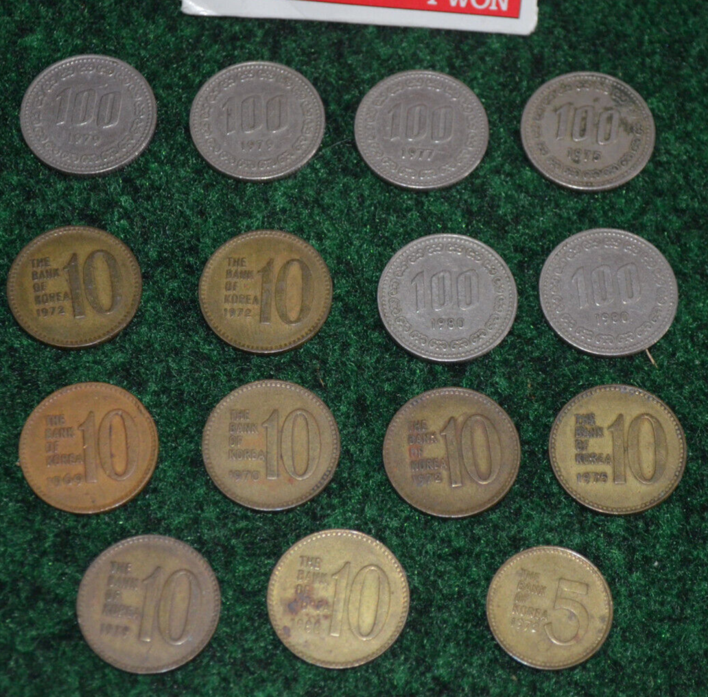 Sixteen South Korea The Bank Of 1 10 100 WON Coins 1960's 1970's