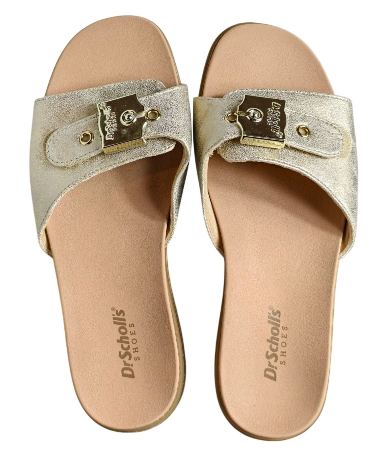 Dr. Scholls Womens 6 Buckle Slide Sandals Island Icon Gold Metallic Comfy NEW