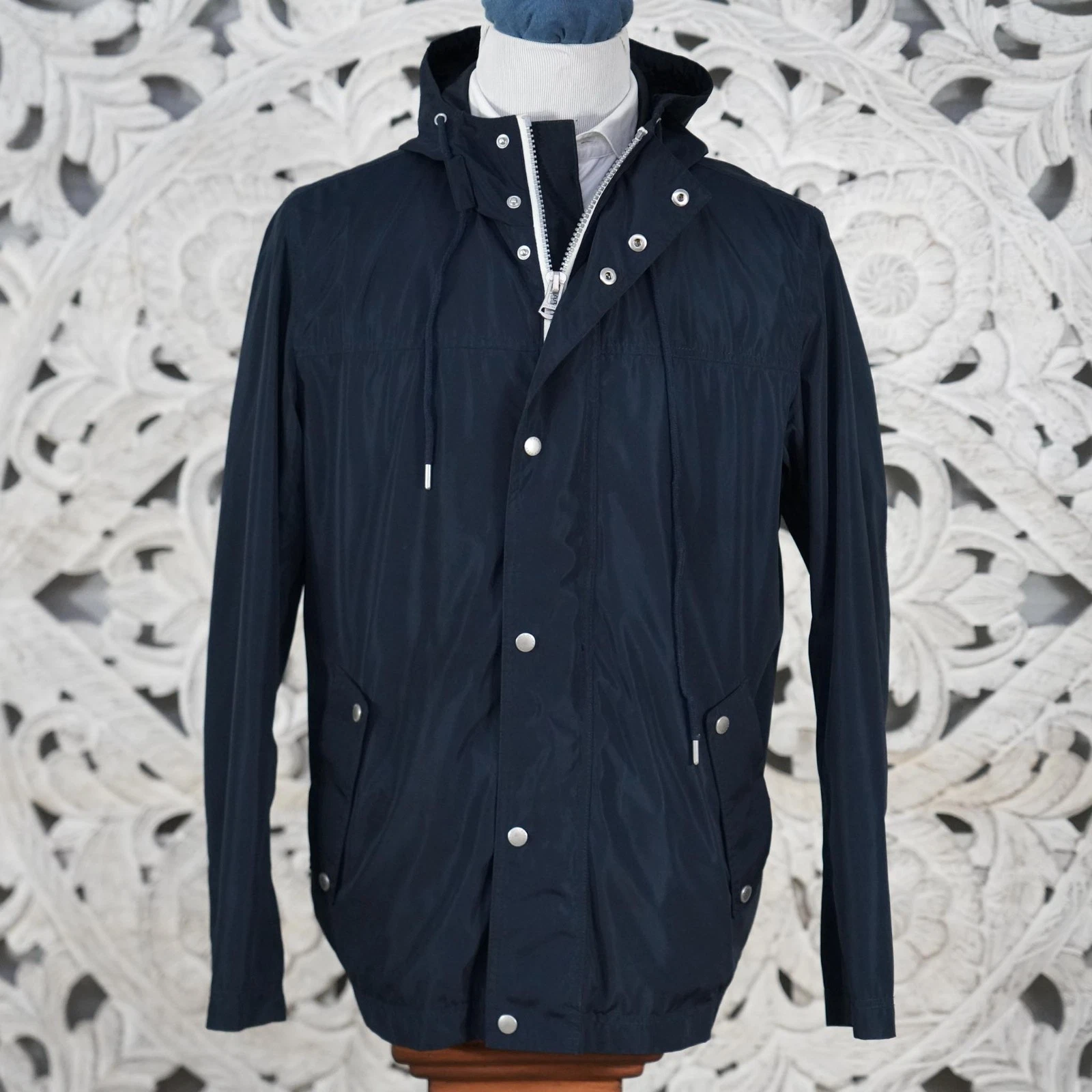 Cole Haan Men’s Navy Hooded Weather-Resistant Jacket M Zip Snap Pockets