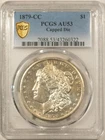 1879-CC $1 MORGAN DOLLAR, CAPPED DIE, PCGS AU-53, WHITE & SEMI PL-NICE EXAMPLE!