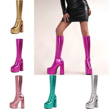 Shiny Knee High Boots Block Heel Round Toe Platform Womens Side Zip Chunky Shoes