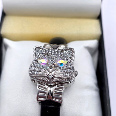 Cat Rhinestone Cuff Watch Womens Silver Tone AB Crystal Black Bangle Peck