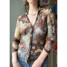 Vintage 90s Mesh Button-Up Top  Guess Sheer Tie Dye Collared Shirt  XS/S