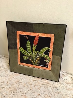 Barbara Mock - Tropical Bromeliad Square Plate - Hand Painted - Wire Hanger