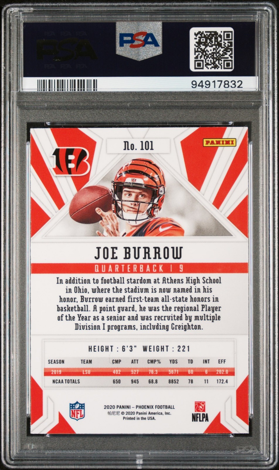 2020 Panini Phoenix 101 Joe Burrow RC Fanatics Exclusive Fire Burst Prizm PSA 10 view 2