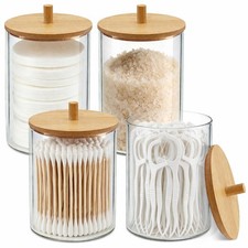 Glass Qtip Holder Dispenser Set - 10oz Cotton Swab Holder with Bamboo Lids, B...