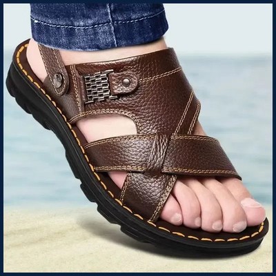Summer Men Leather Sandals Genuine Leather Non-slip Men Shoes Slippers