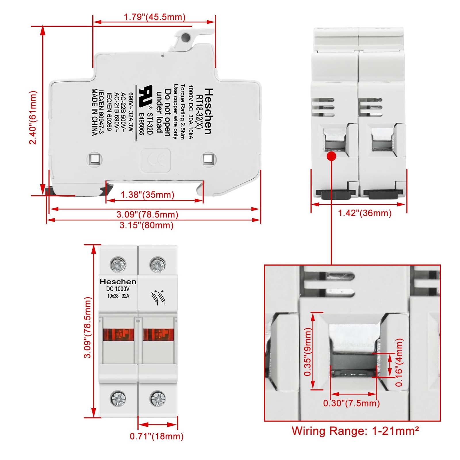 Solar PV Fuse Holder RT18-32X DC1000V 32A 2-Pole for 10x38mm Fuse DIN Rail