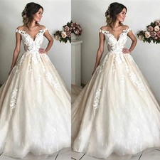 Wedding Dress with Off The Shoulder V Neck Lace Applique Sleeveless Bridal Gown