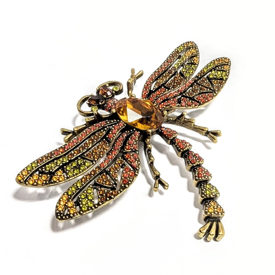 Broche prendedor vintage Heidi Daus libélula temblorosa ámbar cristales de Swarovski 3 7/8 Foto 3 de 4