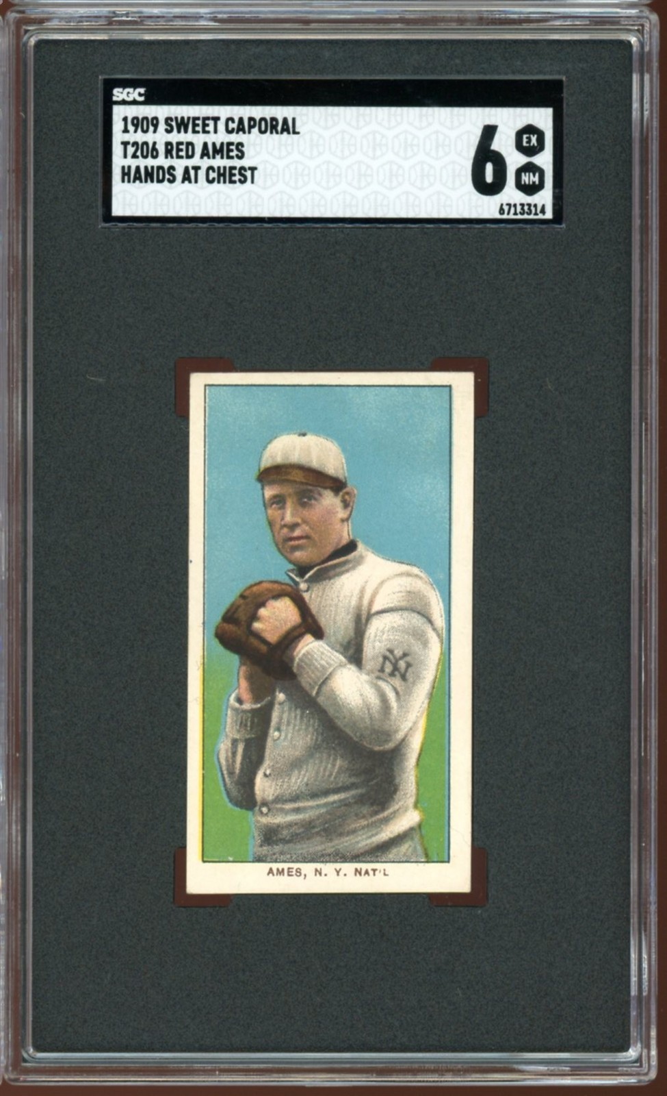 1909-11 T206 Sweet Caporal Baseball Red Ames Hands at Chest SGC 6