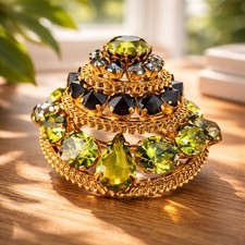 Vintage Made In Austria Domed Brooch Pin Green Rhinestones Mint Condition 2”