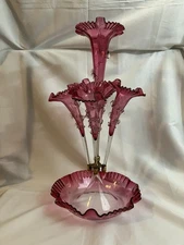 Victorian Cranberry Glass Five Horn Epergne Centerpiece Vase